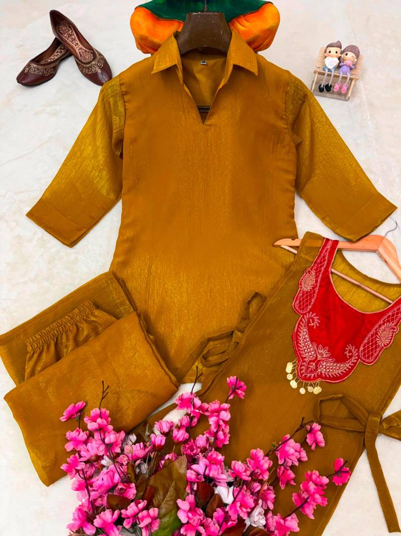 Dark-yellow silk blend embroidered palazzo set