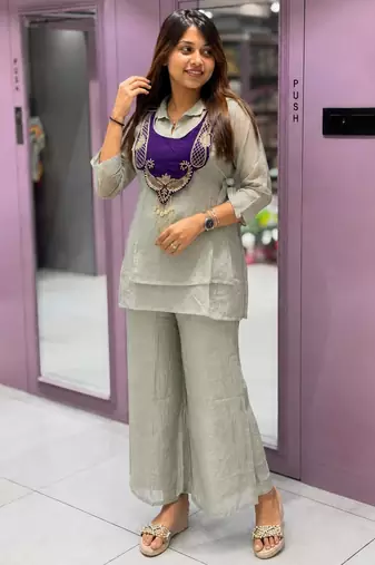 Grey silk blend embroidered palazzo set
