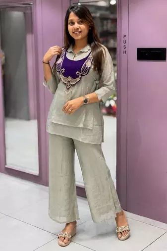 Grey silk blend embroidered palazzo set