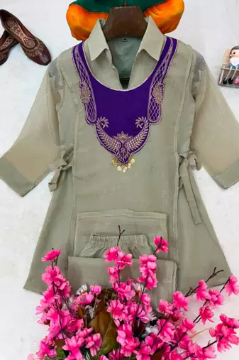 Grey silk blend embroidered palazzo set