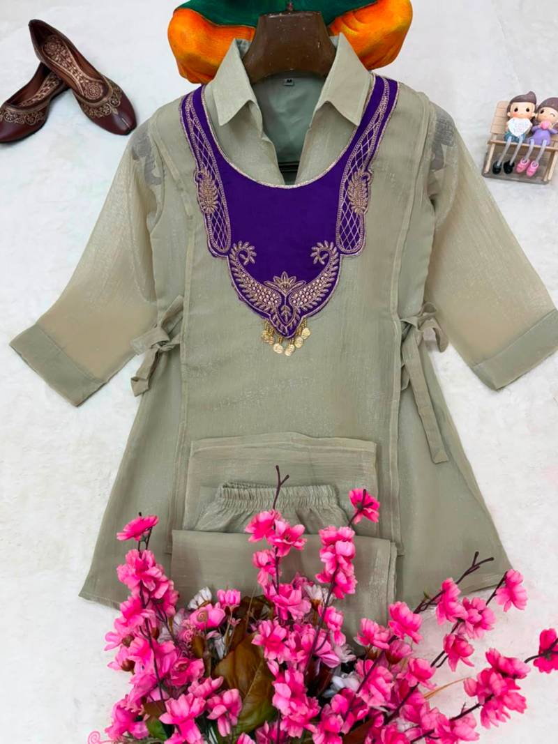 Grey silk blend embroidered palazzo set