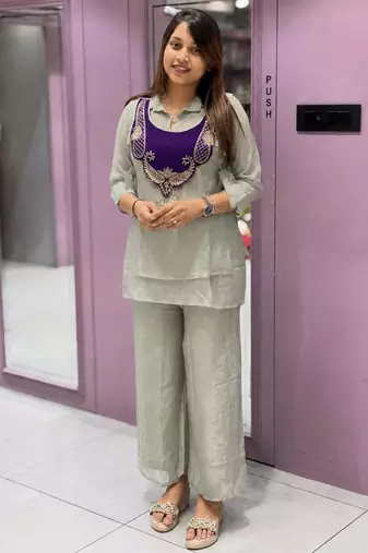 Grey silk blend embroidered palazzo set