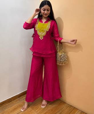 Magenta silk blend embroidered palazzo set 1