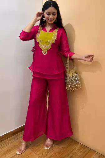 Magenta silk blend embroidered palazzo set