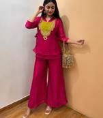 Magenta silk blend embroidered palazzo set