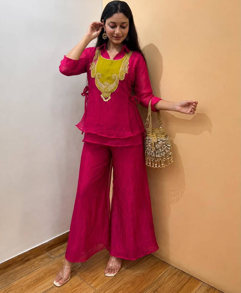 Magenta silk blend embroidered palazzo set
