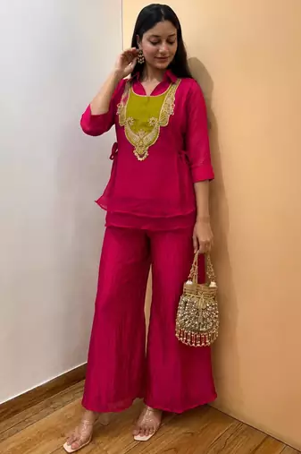 Magenta silk blend embroidered palazzo set