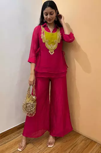 Magenta silk blend embroidered palazzo set