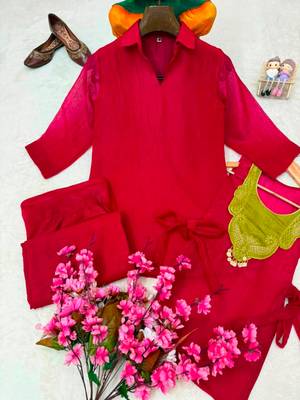 Magenta silk blend embroidered palazzo set 4