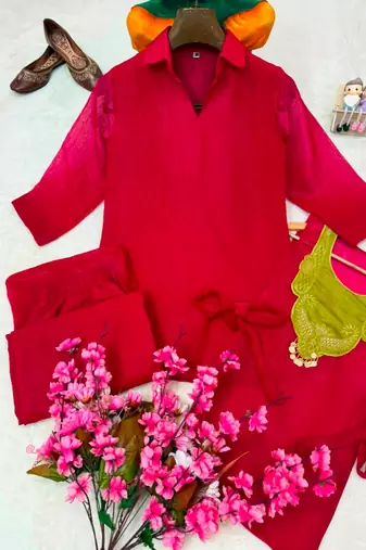 Magenta silk blend embroidered palazzo set