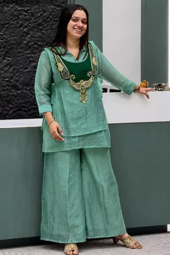 Sea-green silk blend embroidered palazzo set