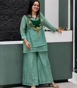 Sea-green silk blend embroidered palazzo set