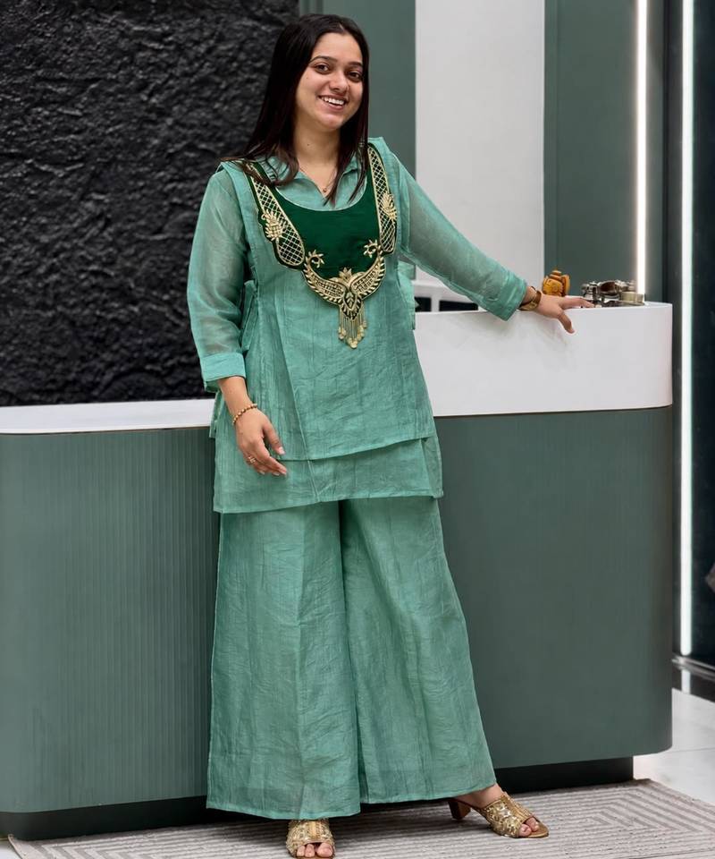 Sea-green silk blend embroidered palazzo set