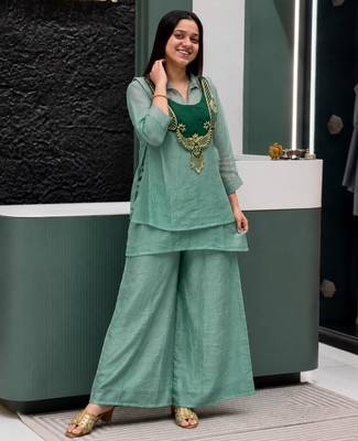 Sea-green silk blend embroidered palazzo set 2