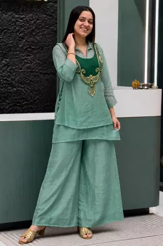 Sea-green silk blend embroidered palazzo set