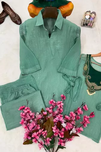 Sea-green silk blend embroidered palazzo set