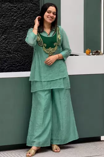 Sea-green silk blend embroidered palazzo set