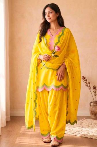 Yellow chanderi embroidered farshi salwar set