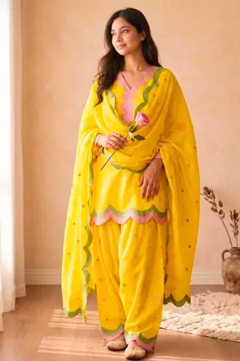 Yellow chanderi embroidered farshi salwar set