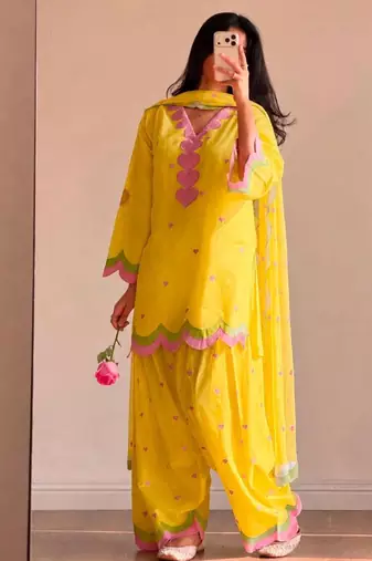 Yellow chanderi embroidered farshi salwar set