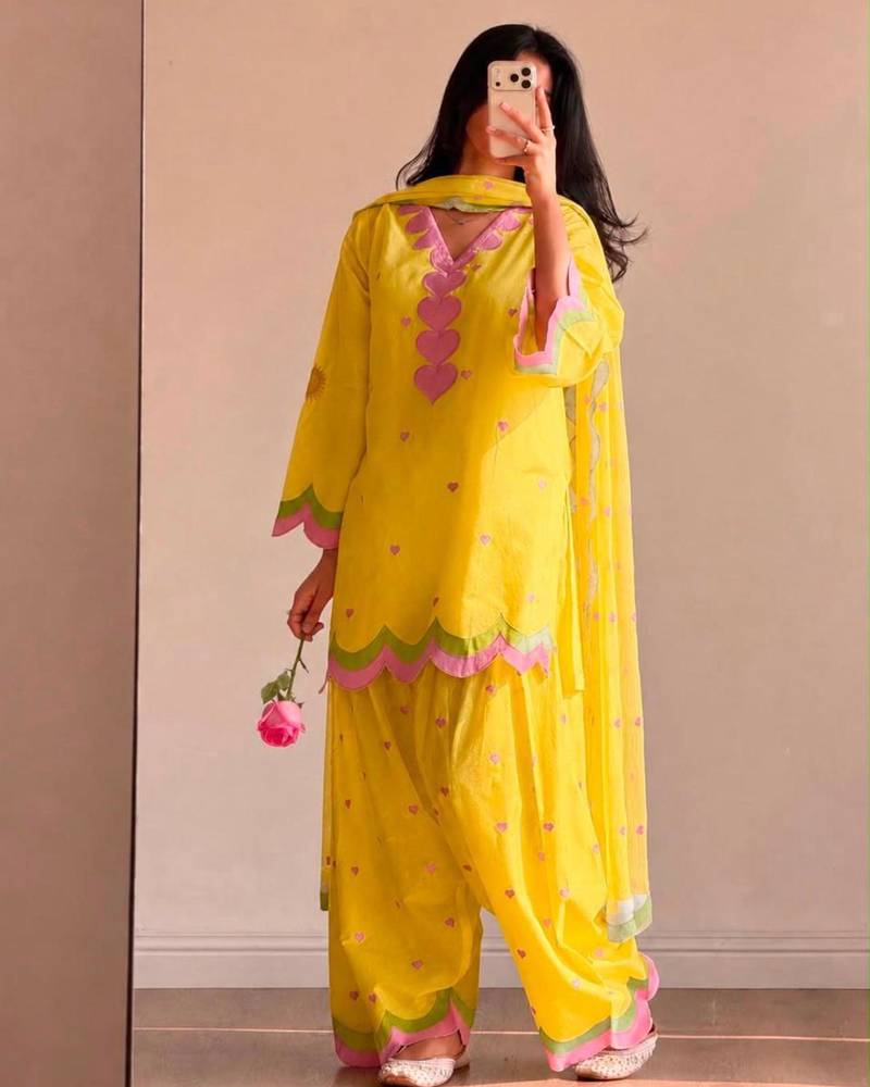 Yellow chanderi embroidered farshi salwar set