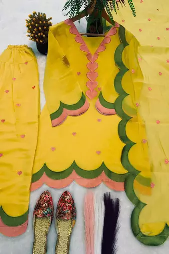 Yellow chanderi embroidered farshi salwar set