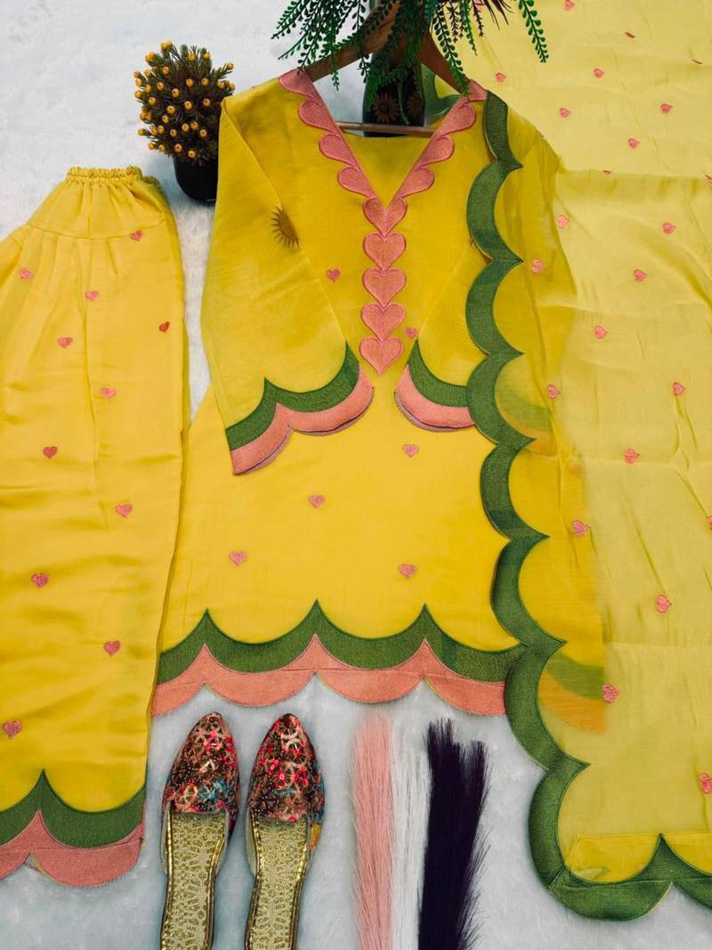 Yellow chanderi embroidered farshi salwar set