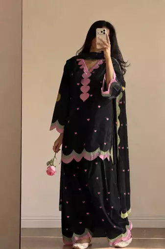 Black chanderi embroidered farshi salwar set