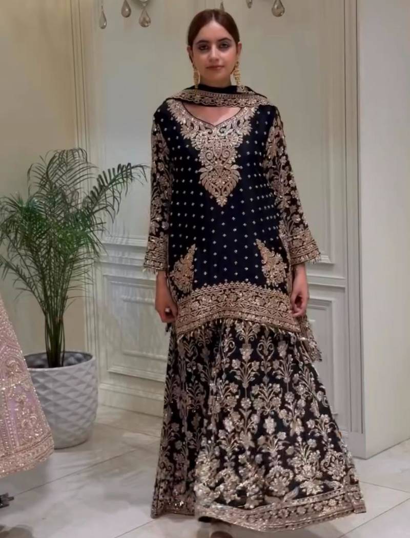Black faux georgette embroidered palazzo set
