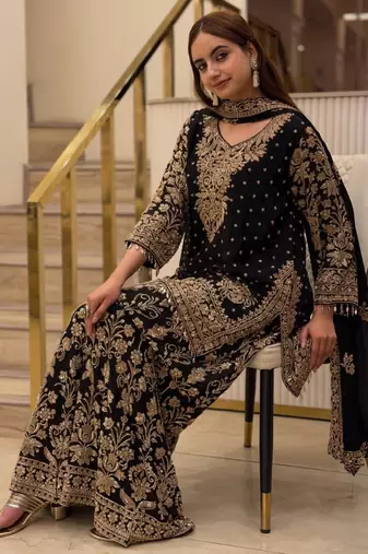 Black faux georgette embroidered palazzo set