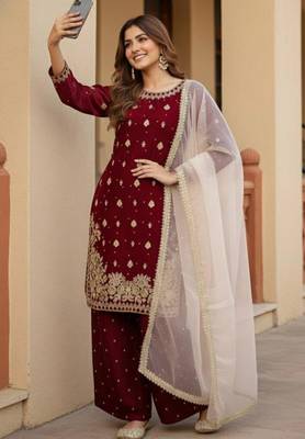 Maroon silk blend embroidered palazzo set 1