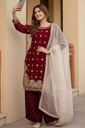 Maroon silk blend embroidered palazzo set