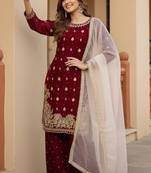 Maroon silk blend embroidered palazzo set
