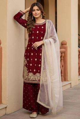 Maroon silk blend embroidered palazzo set 2