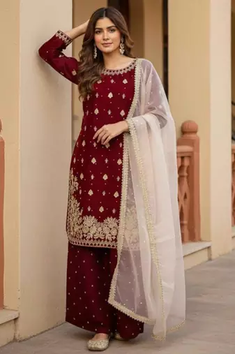 Maroon silk blend embroidered palazzo set