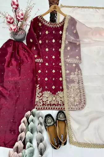 Maroon silk blend embroidered palazzo set