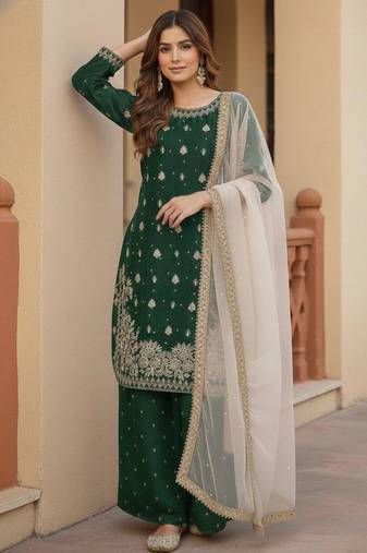 Dark-green silk blend embroidered palazzo set