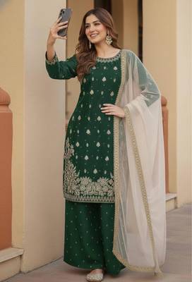 Dark-green silk blend embroidered palazzo set 2