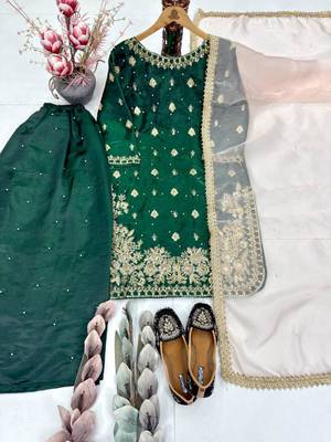 Dark-green silk blend embroidered palazzo set 3