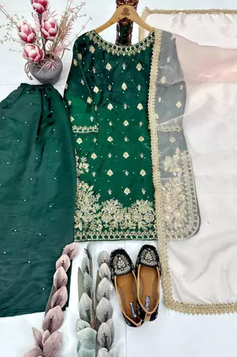 Dark-green silk blend embroidered palazzo set