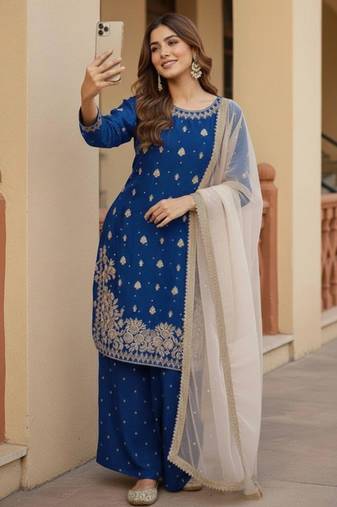Royal-blue silk blend embroidered palazzo set