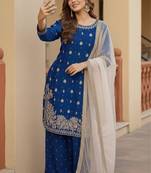 Royal-blue silk blend embroidered palazzo set