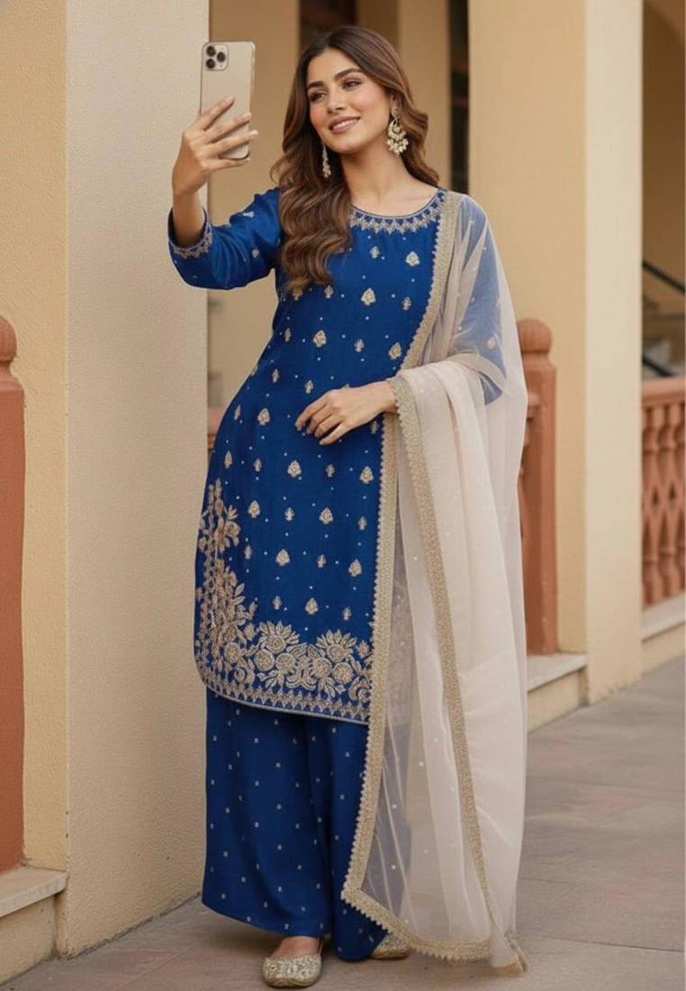Royal-blue silk blend embroidered palazzo set