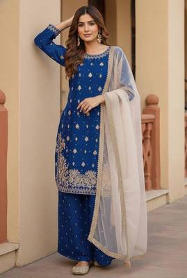 Royal-blue silk blend embroidered palazzo set 2
