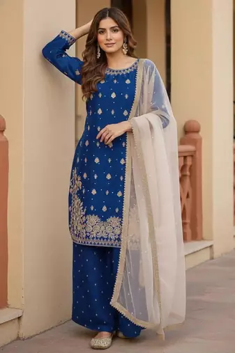 Royal-blue silk blend embroidered palazzo set
