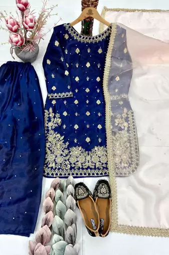 Royal-blue silk blend embroidered palazzo set