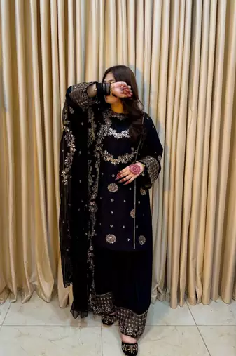 Black faux georgette embroidered palazzo set