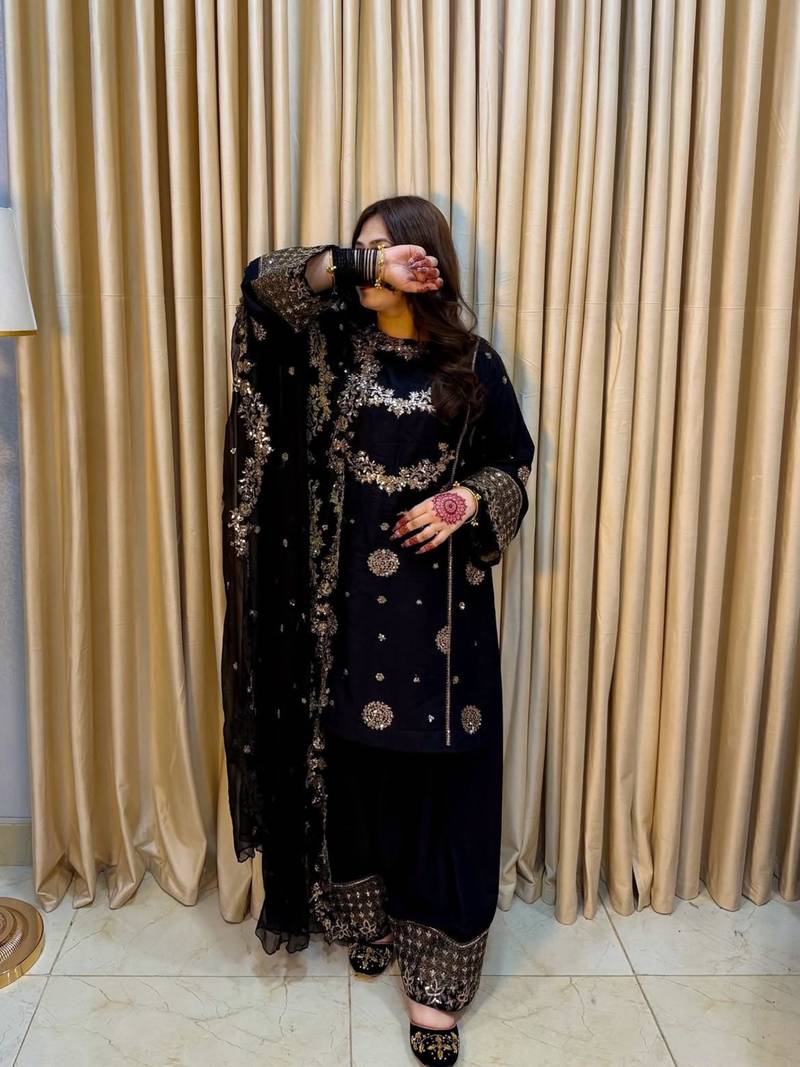Black faux georgette embroidered palazzo set