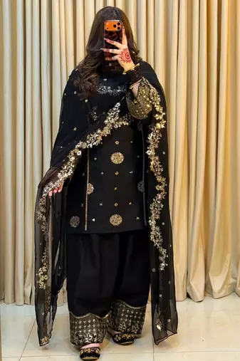 Black faux georgette embroidered palazzo set