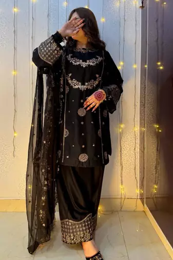 Black faux georgette embroidered palazzo set
